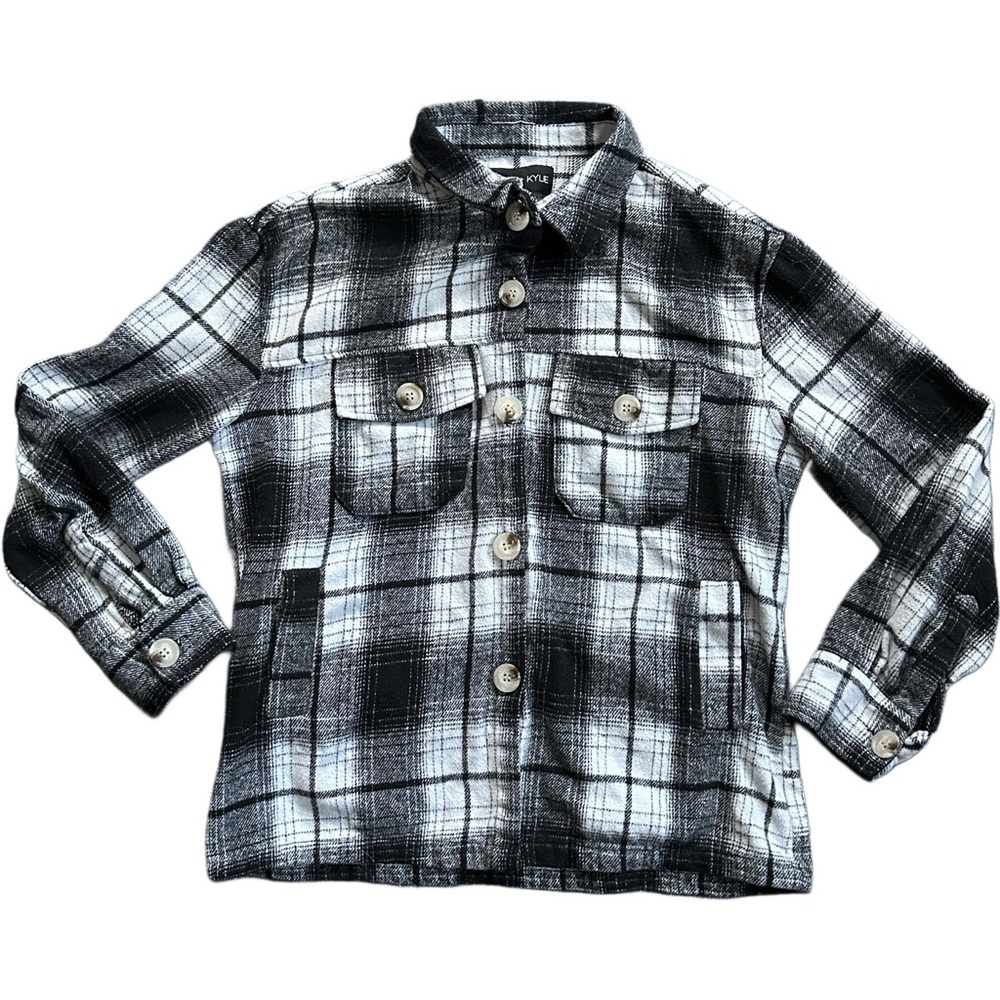 Kendall+Kylie Black White Button Down Plaid Flannel Shacket Size Large
